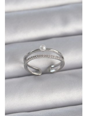 Inure Jewelry Pirinç Gümüş Renk Zirkon Taşlı İnci Detay Ayarlanabilir Model Kadın Yüzük
