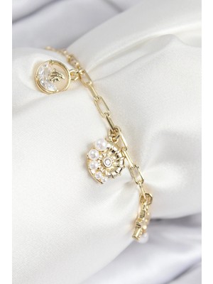 Inure Jewelry Pirinç Zirkon Taşlı Deniz Kabuğu Model Gold Renk Kadın Bileklik