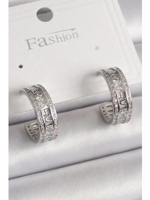 Inure Jewelry Pirinç Gümüş Renk Zirkon Taşlı İşleme Detay Halka Model Kadın Küpe
