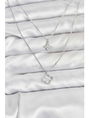 Inure Jewelry Pirinç Gümüş Renk Yonca Model 2'li Kadın Kolye