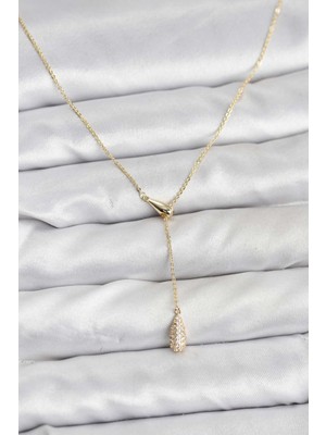 Inure Jewelry Pirinç Gold Renk Asansörlü Damla Model Kadın Kolye
