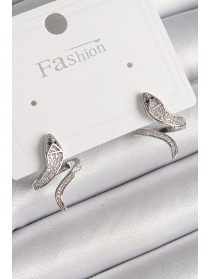 Inure Jewelry Pirinç Gümüş Renk Zirkon Taşlı Yılan Model Kadın Küpe