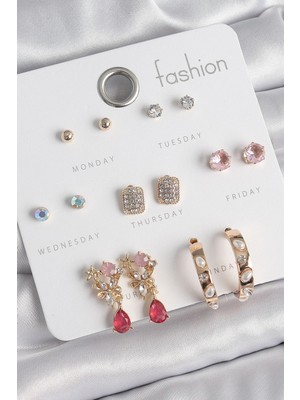 Inure Jewelry Pirinç Gold Renk Zirkon Taşlı Çiçek Figür İncili Halka Figür 7 Çift Kadın Küpe Seti