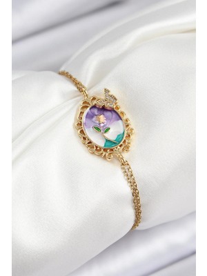 Inure Jewelry 316L Çelik Zincir Mineli Sanatsal Portre Zirkon Taşlı Kelebek Detaylı Çiçek Model Gold Renk Kadın Bileklik