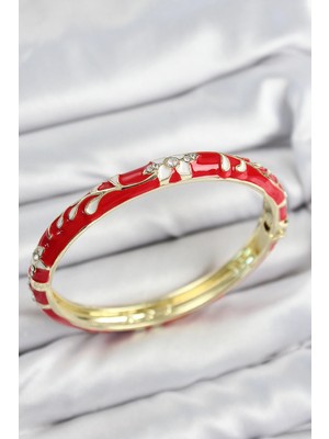 Inure Jewelry Mineli Pirinç Zirkon Taşlı Kırmızı Çiçek Motifli Gold Kadın Kelepçe