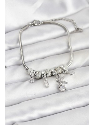 Inure Jewelry Pirinç Gümüş Renk Tinkerbell Charmlı Kadın Bileklik