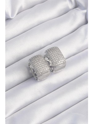 Inure Jewelry Pirinç Gümüş Renk Zirkon Taşlı Minimal Halka Küpe