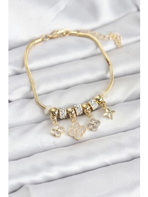 Inure Jewelry Pirinç Gold Renk Yonca Model Kadın Bileklik