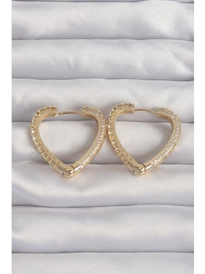 Inure Jewelry Pirinç Gold Renk Zirkon Taşlı Motifli Kalp Küpe