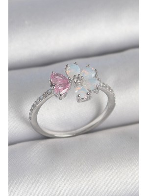 Inure Jewelry Pirinç Gümüş Renk Beyaz Mineli Pembe Zirkon Taşlı Çiçek Model Kadın Yüzük