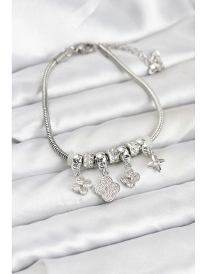 Inure Jewelry Pirinç Gümüş Renk Yonca Model Kadın Bileklik