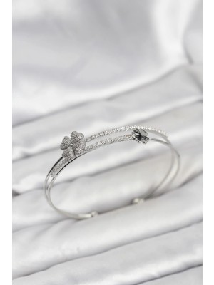 Inure Jewelry Pirinç Gümüş Renk Yonca Model Kadın Bileklik