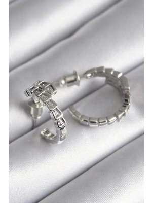 Inure Jewelry Pirinç Gümüş Renk Zirkon Taşlı Yılan Model Kadın Küpe