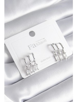 Inure Jewelry Pirinç Gümüş Renk 3'lü Sallantı Zirkon Taşlı Küpe