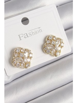 Inure Jewelry Pirinç Gold Renk Zirkon Taşlı Yonca Model Kadın Küpe