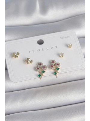 Inure Jewelry Pirinç Gold Renk Renkli Zirkon Taşlı Çiçek Model Yaprak Detay 925 Ayar Gümüş Çivi Kadın Küpe Seti