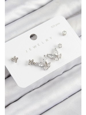 Inure Jewelry Pirinç Zirkon Taşlı Kelebek Model Gümüş Renk 925 Ayar Gümüş Çivi Kadın Küpe Set