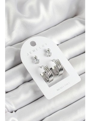 Inure Jewelry Pirinç Zirkon Taş Ve Halka Figürlü Gümüş Renk 3'lü Çift Kadın Küpe Set