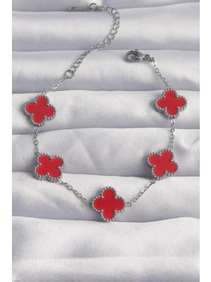 Inure Jewelry 316L Çelik Gümüş Renk Kırmızı Mineli Yonca Bileklik