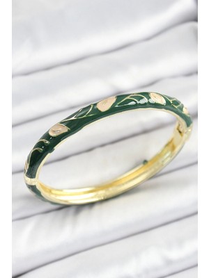 Inure Jewelry Mineli Pirinç Gold Renk Yeşil Çiçek Motifli Kadın Kelepçe