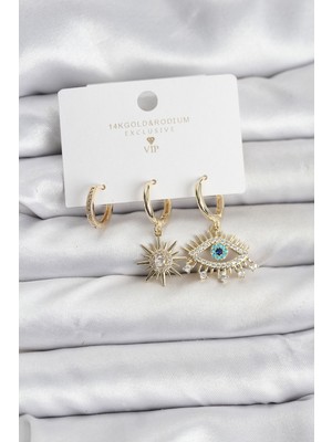 Inure Jewelry Göz Model Gold Renk Pirinç 3'lü Kadın Küpe Seti