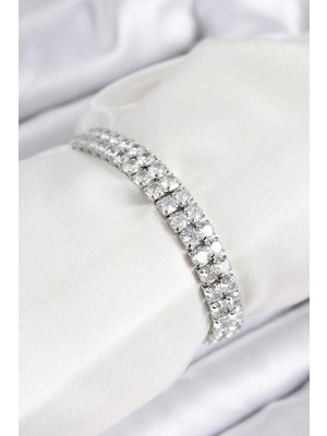Inure Jewelry Pirinç Zirkon Taşlı Çift Sıra Kare Model Gümüş Renk Asansörlü Kadın Bileklik