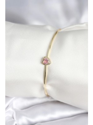 Inure Jewelry Pembe Zirkon Taşlı Kalp Model Gold Renk Kadın Bileklik