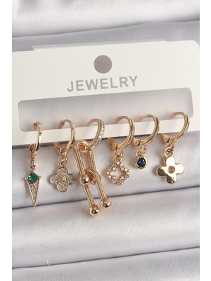 Inure Jewelry Pirinç Gold Renk Çoklu Figür Kadın Küpe Seti