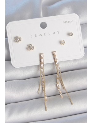 Inure Jewelry Pirinç Gold Renk Su Yolu Zirkon Taşlı Sallantı Model Çiçek Detay 925 Ayar Gümüş Çivi Kadın Küpe Seti