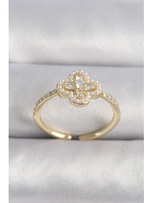 Inure Jewelry Pirinç Gold Renk Zirkon Taşlı Yonca Model İnci Detay Kadın Yüzük