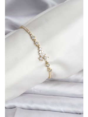 Inure Jewelry Çiçekli Model Zirkon Taşlı Gold Renk Su Yolu Kadın Bileklik