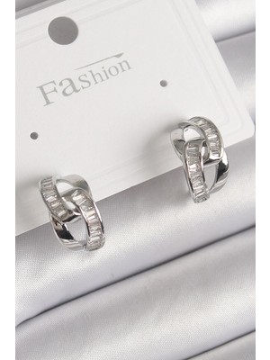 Inure Jewelry Pirinç Gümüş Renk Zirkon Taşlı Zincir Model Kadın Küpe