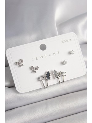 Inure Jewelry 925 Ayar Gümüş Çivi Pirinç Gümüş Renk Zirkon Taşlı Kelebek Model Kadın Küpe Seti