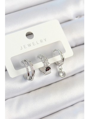 Inure Jewelry Pirinç Zirkon Taşlı Halka Model Gümüş Renk 3'lü Çift Kadın Küpe Set