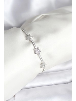 Inure Jewelry Yıldız Model Zirkon Taşlı Gümüş Renk Pirinç Su Yolu Kadın Bileklik