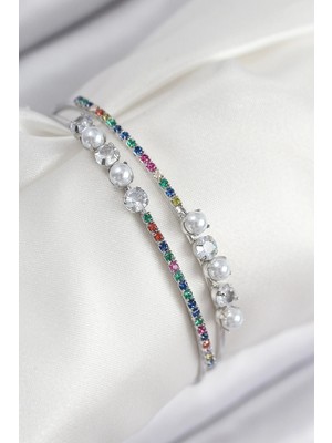 Inure Jewelry Pirinç Zirkon Taşlı İnci Model Gümüş Renk Kadın Bileklik