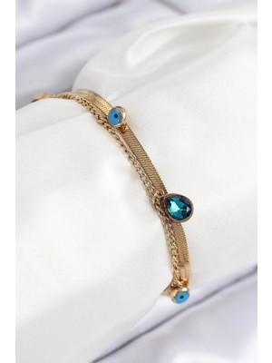 Inure Jewelry 316L Çelik Nazar Boncuk Detaylı Mavi Zirkon Taşlı Model İtalyan Zincir Gold Renk Kadın Bileklik
