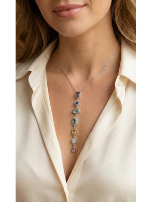 Inure Jewelry Pirinç Renkli Zirkon Taşlı Model Gümüş Renk 7 Element Kadın Y Kolye