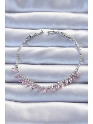 Inure Jewelry Pirinç Vip Seri Gümüş Renk Pembe Zirkon Taşlı Bileklik