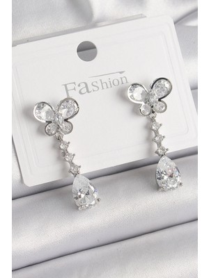 Inure Jewelry Pirinç Gümüş Renk Kelebek Model Sallantı Damla Zirkon Taşlı Kadın Küpe