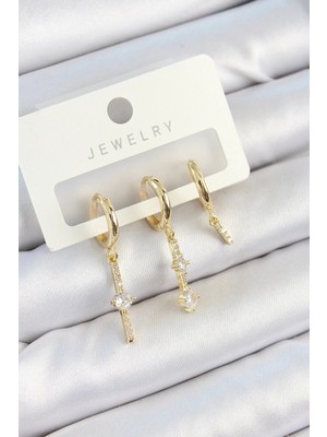 Inure Jewelry Pirinç Zirkon Taşlı Sallantılı Model Gold Renk 3'lü Çift Kadın Küpe Set