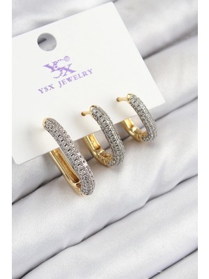 Inure Jewelry Pirinç Zirkon Taşlı 3'lü Oval Dikdörtgen Model Gold Ve Gümüş Renk Kadın Küpe