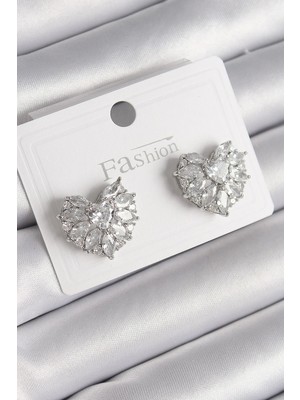 Inure Jewelry Pirinç Gümüş Renk Zirkon Taşlı Kalp Model Kadın Küpe