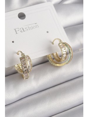 Inure Jewelry Pirinç Gold Renk Zirkon Taşlı Halka Model Kadın Küpe