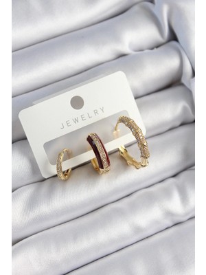 Inure Jewelry Pirinç Zirkon Taşlı Bordo Halka Model Gold Renk 3'lü Çift Kadın Küpe Set