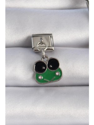 Inure Jewelry 316L Çelik Gümüş Renk Sallantılı Yeşil Kurbağa Figür Nomination Charm