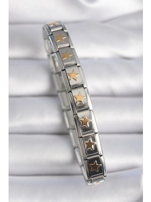 Inure Jewelry 316L Çelik Gümüş Renk Gold Yıldız İşleme Nomination Charm Bileklik