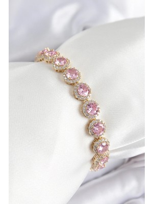 Inure Jewelry Pirinç Pembe Zirkon Taşlı Daire Baget Model Gold Renk Vıp Seri Kadın Bileklik