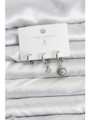 Inure Jewelry Nazar Model Gümüş Renk Pirinç 3'lü Kadın Küpe Seti