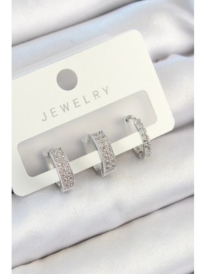 Inure Jewelry Pirinç Zirkon Taşlı Halka Model Gümüş Renk 3'lü Çift Kadın Küpe Set